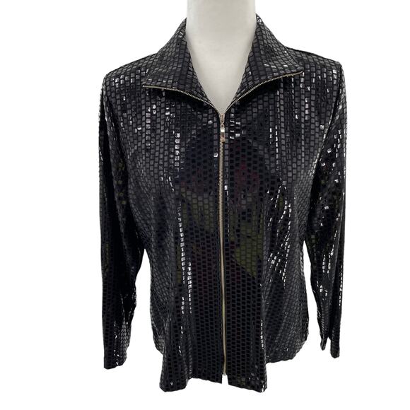 Exclusively Misook Black Square Pattern Shiny Full Zip Jacket Women Sz S - Picture 6 of 12